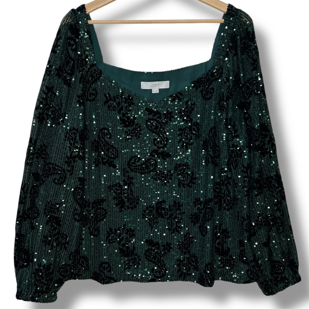LOFT Sequin Velvet Burnout Top‎ Emerald Green Women's XXL Holiday Party Festive